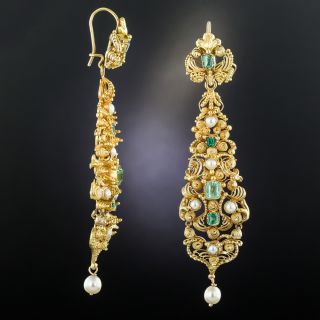 Georgian Cannetille Emerald and Pearl Long Drop Earrings
