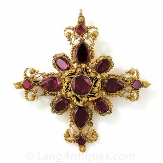 Georgian Cannetille Garnet Cross Brooch