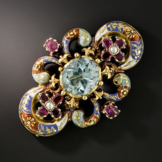 Georgian/Early-Victorian Aquamarine, Ruby and Enamel Brooch - 2