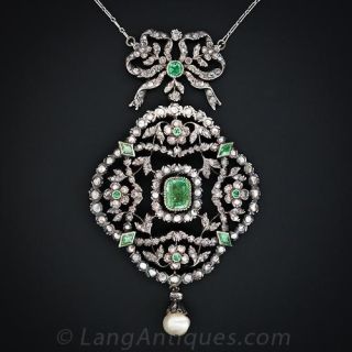 Georgian Emerald and Diamond Lavaliere Necklace