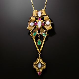 Georgian, Hungarian Opal, Emerald and Ruby Pendant/Brooch - 1