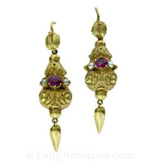 Georgian Ruby   Seed Pearl Drop Earrings Main View 1