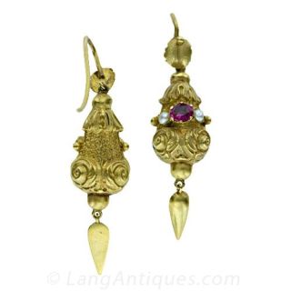 Georgian Ruby & Seed Pearl Drop Earrings