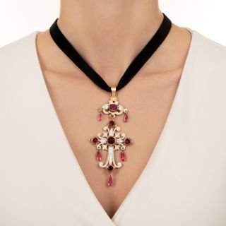 Georgian Saint Esprit Enamel and Garnet Cross Pendant