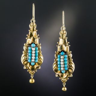Georgian Turquoise And Seed Pearl Drop Earrings - 2