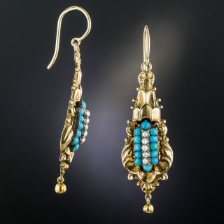Georgian Turquoise and Seed Pearl Drop Earrings