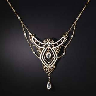 German Aquamarine, Enamel and Pearl Festoon Necklace, Circa 1900 - 2