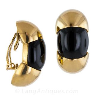 Giant Seaman Schepps Black Onyx and Gold Clip Ear Clips