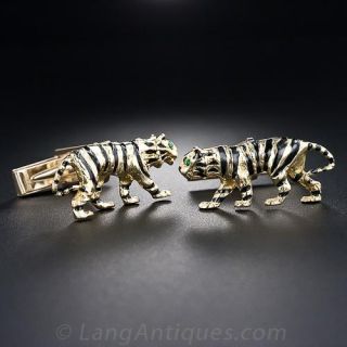 Gold and Black Enamel Tiger Cufflinks