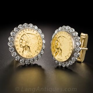 Gold Coin Cuff Links with Diamonds