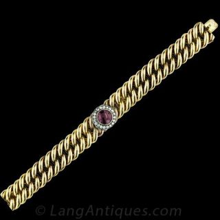 Gold Curb Link Bracelet with Garnet and Diamonds