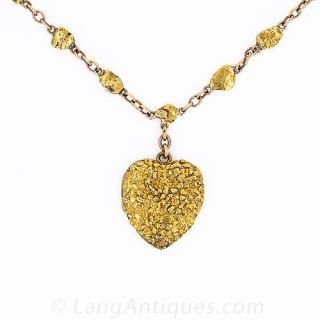 Gold Nugget Heart Locket and Nugget Chain 