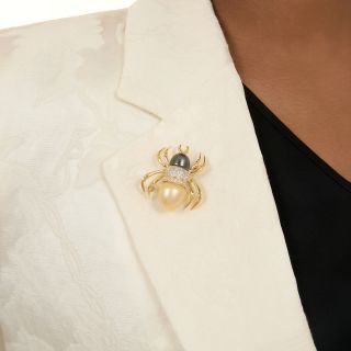 Golden and Black Pearl Diamond Spider Brooch