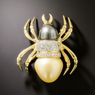 Golden and Black Pearl Diamond Spider Brooch - 2