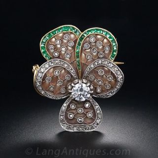Gorgeous Plique-a-Jour Diamond and Emerald Pansy Brooch