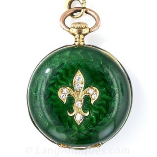 Green Enamel and Diamond Pendant Watch and Watch Chain