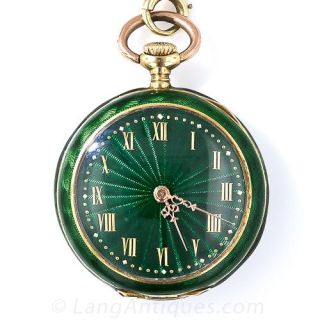 Green Enamel and Diamond Pendant Watch and Watch Chain