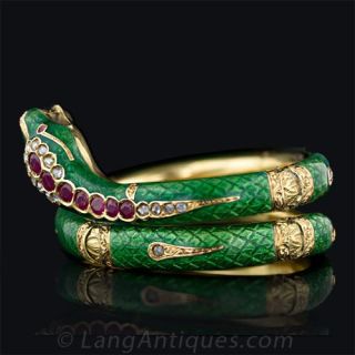 Green Enamel, Ruby and Diamond Serpent Bangle