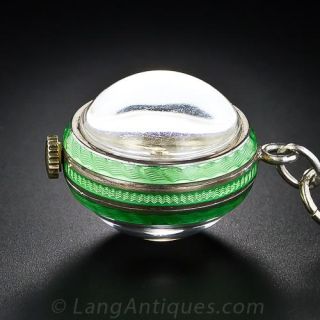 Green Enameled Pendant Ball Watch and Chain