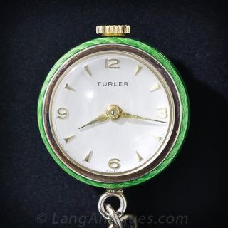 Green Enameled Pendant Ball Watch and Chain