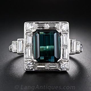 Green Tourmaline Platinum and Diamond Ring
