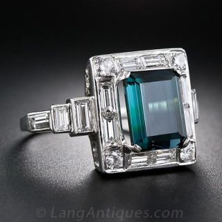 Green Tourmaline Platinum and Diamond Ring