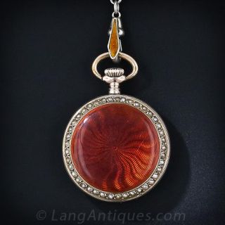 Guilloche Enamel Pendant Watch and Chain
