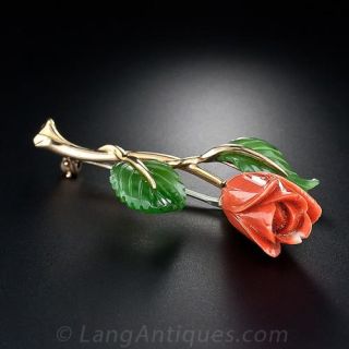 Gumps Coral and Nephrite Rosebud Brooch