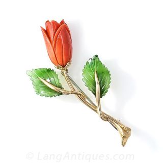Gumps Coral and Nephrite Rosebud Brooch