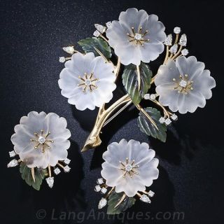 Gumps Frosted Crystal and Diamond Earrings and Brooch