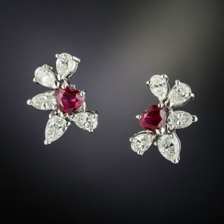 Heart-Shaped Ruby and Diamond Earrings - 1