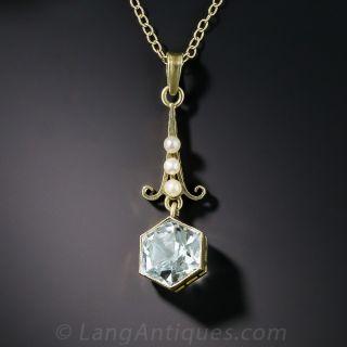 Hexagonal Aquamarine and Seed Pearl Drop