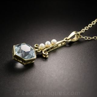 Hexagonal Aquamarine and Seed Pearl Drop