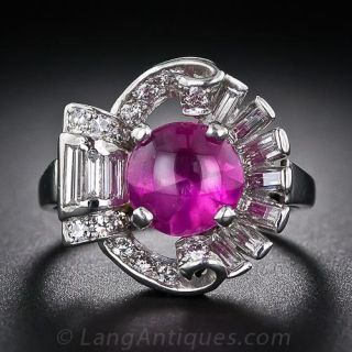 Hot Pink Cabochon Ruby, Platinum and Diamond Art Deco Ring