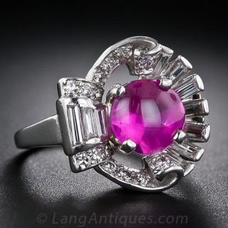 Hot Pink Cabochon Ruby, Platinum and Diamond Art Deco Ring