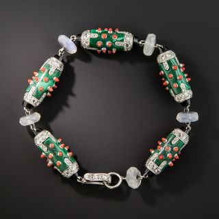 French Art Deco Coral, Malachite, Onyx, Moonstone and Diamond Bracelet - 1