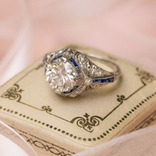 Art Deco 2.08 Carat Diamond and Sapphire Engagement Ring - GIA K VS1