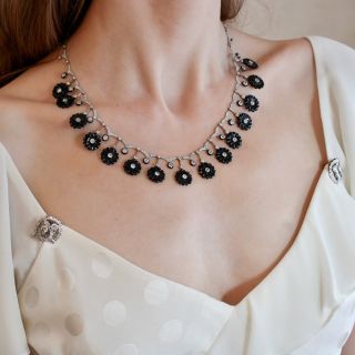 Early Art Deco Diamond and Onyx Flower Necklace