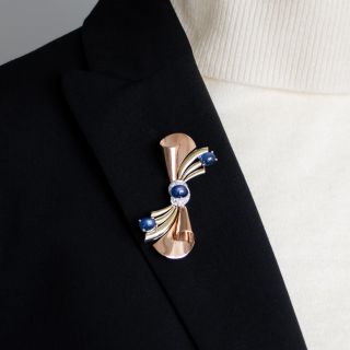 Retro Star Sapphire and Diamond Bow Brooch
