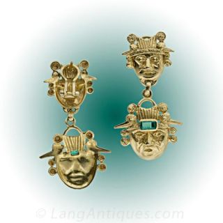 Incan Motif Emerald Drop Earrings