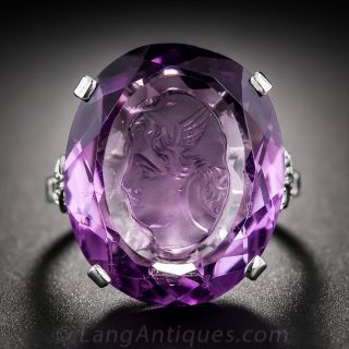 Intaglio Amethyst, Platinum and Diamond Ring