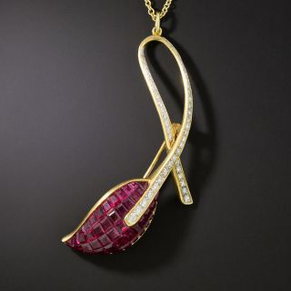 Invisible Set Ruby and Diamond Leaf Pendant/Brooch - 2