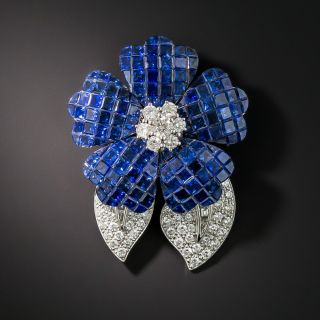 Estate Sapphire and Diamond Flower Brooch - 1