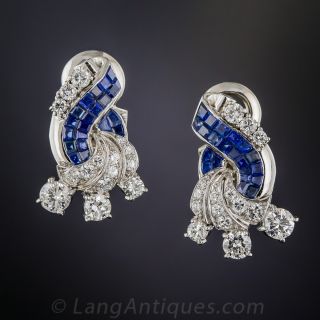 Invisible Set Sapphire Platinum and Diamond Earrings