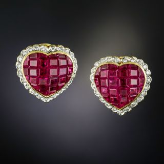 Invisibly Set Ruby and Diamond Heart Earrings - 1
