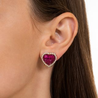 Invisibly Set Ruby and Diamond Heart Earrings
