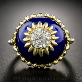 Italian 18K Yellow Gold, Cobalt Enamel and Diamond Ring