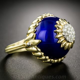 Italian 18K Yellow Gold, Cobalt Enamel and Diamond Ring