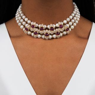 Italian Cabochon Ruby, Diamond and Pearl Collar Necklace