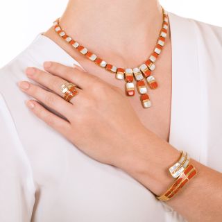 Italian Coral and Mother of Pearl Necklace, Bracelet, Ring & Earring Suite
